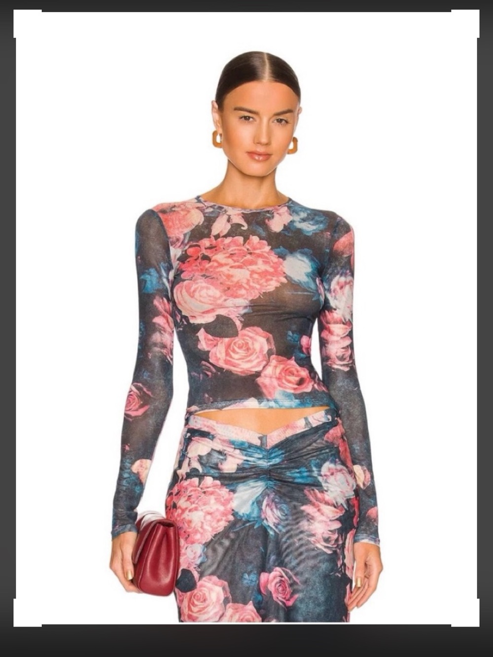 Miaou Black Floral Mesh Long Sleeve Crop Top with Pink Roses